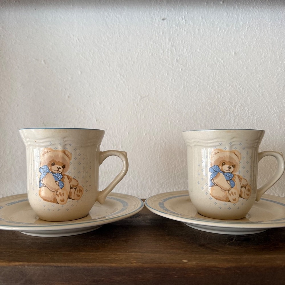 4pc Vintage Tienshan Theodore Country Bear Cup & Saucer Sets Blue Bow